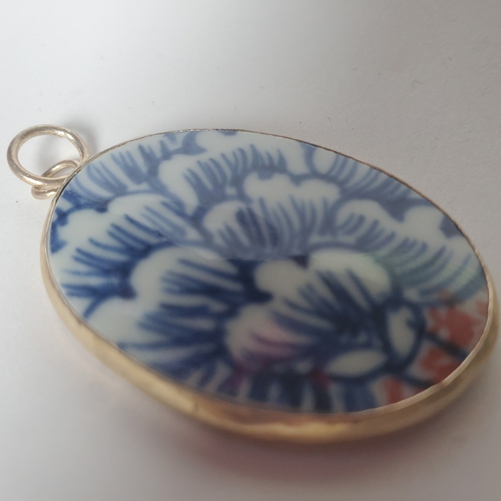 Blue & White Porcelain Floral Oval Pendant Broken‎ China Chinoiserie Jewelry - Picture 8 of 10